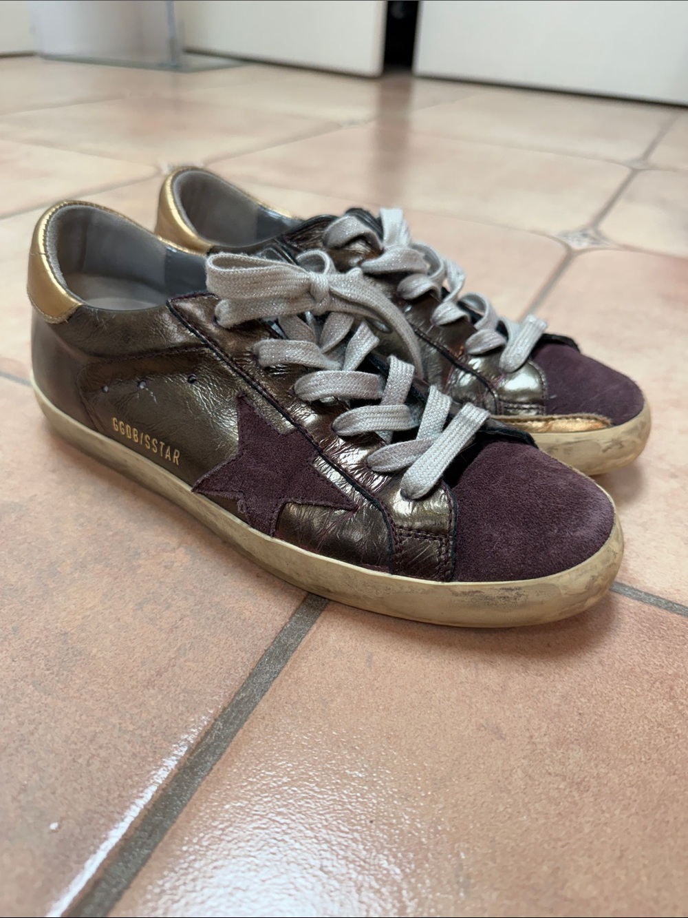 Golden Goose Metallic Bronze and Plum Suede Lace-Up Sneakers